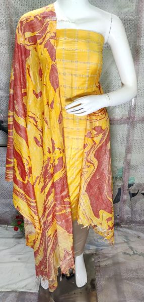 Mustard Katan Silk Suit Material With Pure Silk Kela Resham Marble Print Dupatta