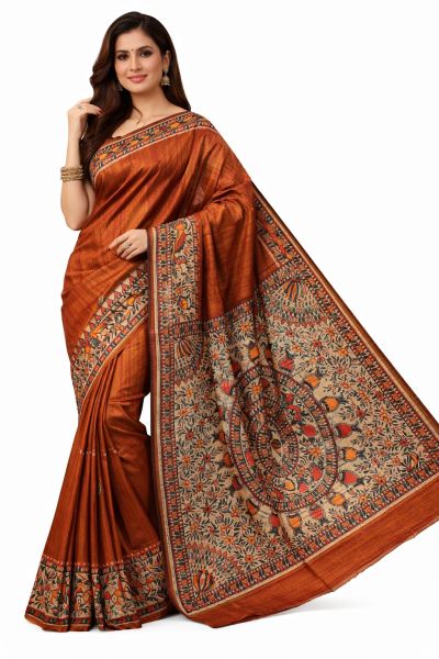 Madhubani Reddis Brown Elegant Women Pure Handloom Tassar Silk Saree