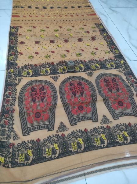 Beige Butterfly Design Pure Handloom Dhakai Jamdani Saree