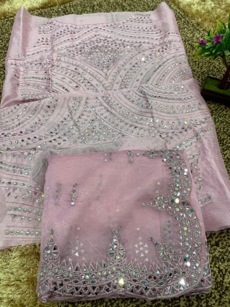 Baby Pink Mirror Work Silk Saree From Bengal
