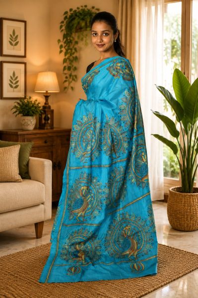 Dark Sky Blue Pure Semi Silk Kanthastitch Saree From Bengal
