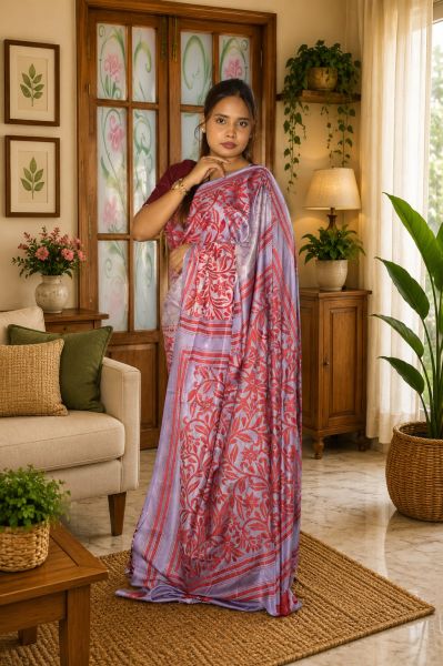 Lavender Pure Semi Silk Kanthastitch Saree From Bengal