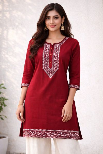 Maroon Pure Handloom Kantha Kurti From Bengal