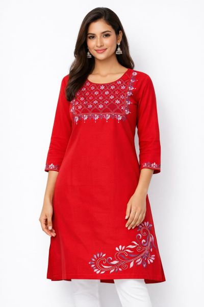 Red Pure Handloom Kantha Kurti From Bengal