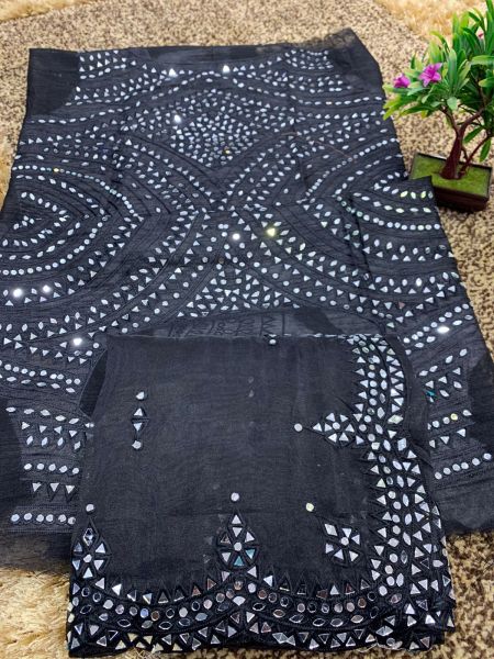 Black Mirror Work Silk Saree From Bengal