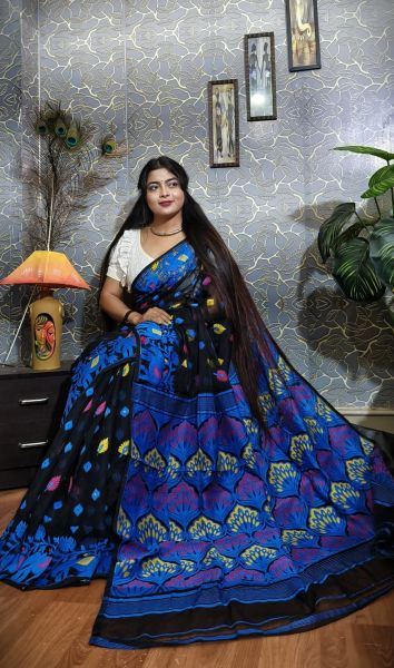 Black Blue Elephant Design Pure Handloom Soft Dhakai Jamdani Saree