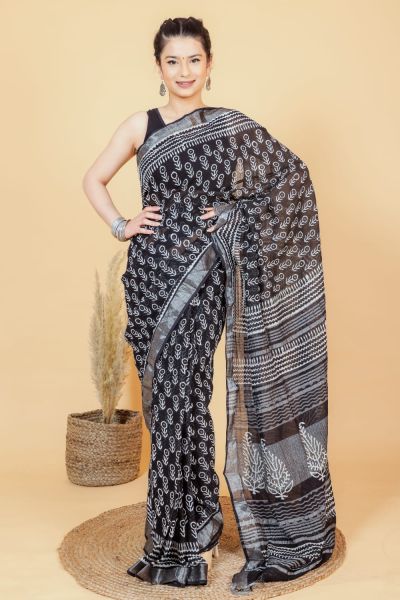 Black Hand Block Printed Linen Cotton Saree From Rajasthan