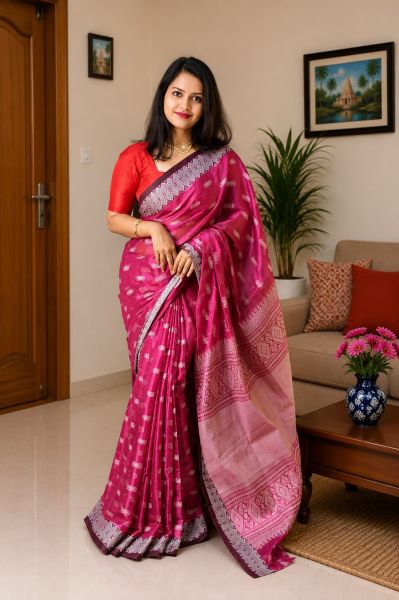 Rani pink Pure Handloom Tissue Cotton Saree From Bengal