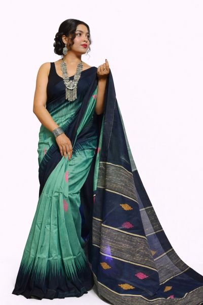 Ikkat Sea Green Silk Cotton Pure Handloom Saree From Bengal