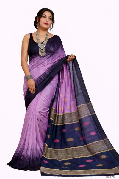 Purple Navy Blue Ikkat Silk Cotton Pure Handloom Saree From Bengal