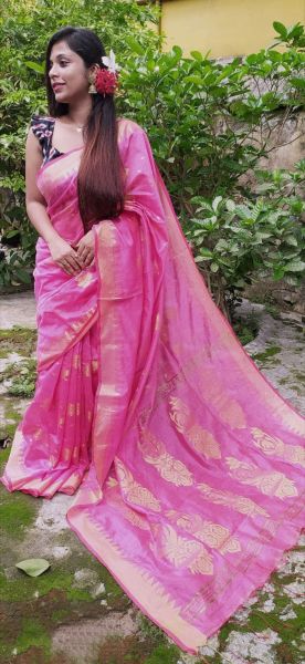 Baby Pink Leaf Silk Cotton Handloom Saree From Bengal