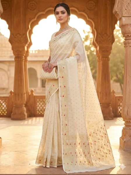 Off White Pure Handloom Dhakai Jamdani Saree From Bengal