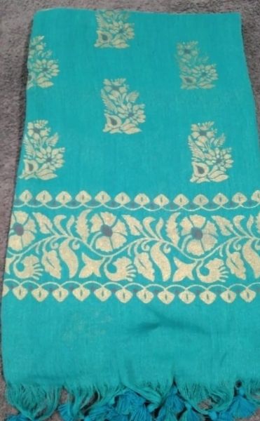 Aqua Blue Flower Printed Design Pure Handloom Cotton Saree