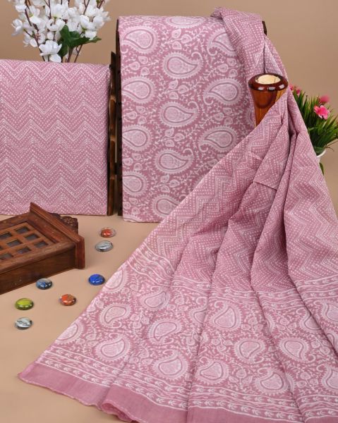 Grey Pink Pure Handloom suit With Cotton Dupatta