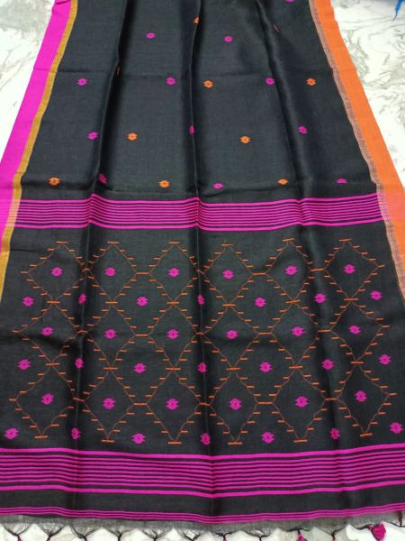 Black Pure Handloom Linen By Linen Saree From Bengal