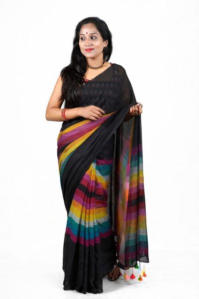 Black Colour Pure Handloom Mulmul Cotton Saree From Bengal