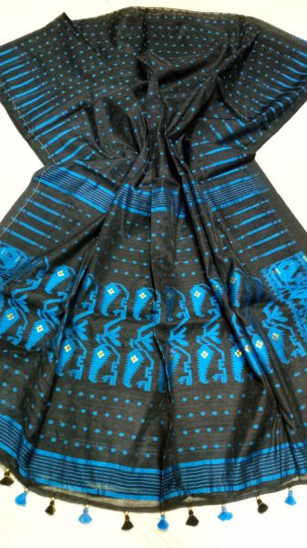 Black Blue Butta Cotton Saree From Bengal