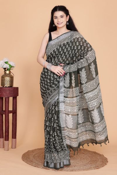 Black Hand Block Printed Linen Cotton Saree From Rajasthan