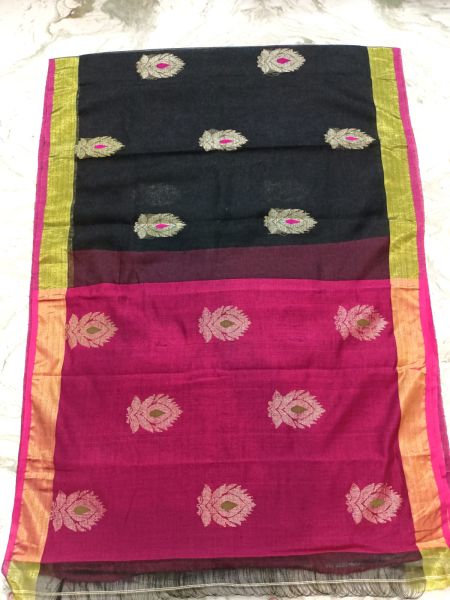 Black Pink Flower Design Pure Handloom Linen Saree