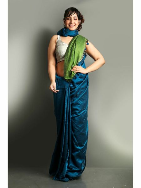 Peacock Blue Pure Handloom Cotton Plain Saree