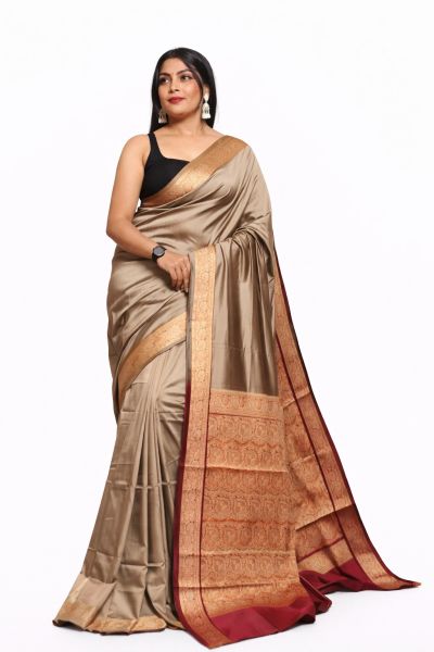 Biscuit Brown Kashmiri Pashmina Silk Saree From Bengal