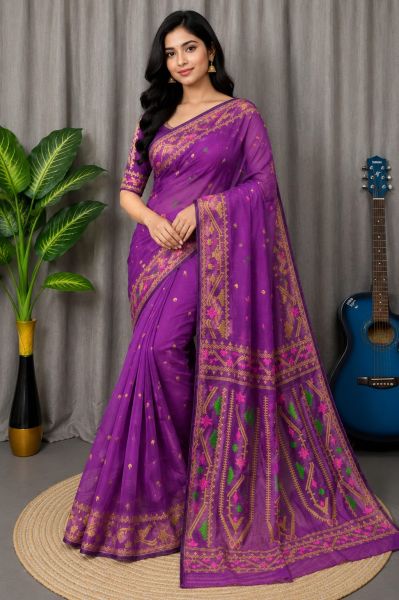 Bright Purple Pure Handloom Dhakai Jamdani Saree From Bengal