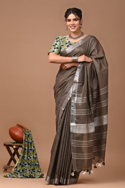 Brown Linen By Linen Pure Handloom Saree From Bengal