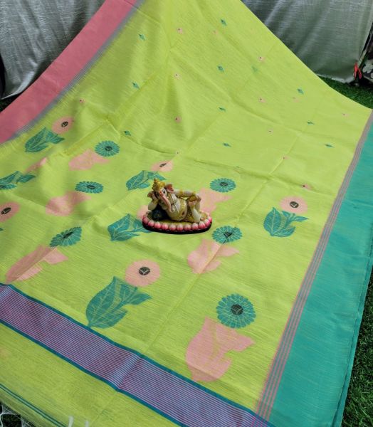 Light Green Flower Resham Cotton Saree From Bengal