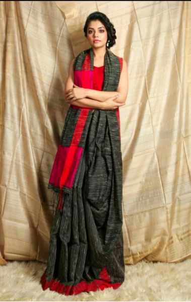 Black Plain Body Pure Handloom Resham Saree