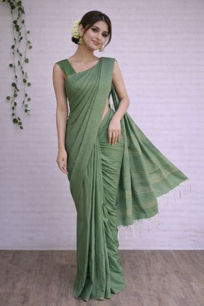 Green Kantha stitch Silk saree With Dobi Weaving Design Saree From Bhagalpur