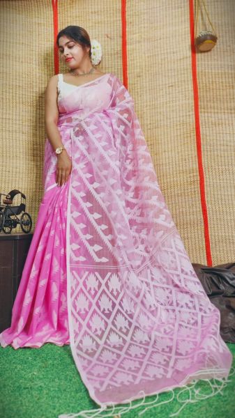 Pink Flower Design Pure Handloom Resham Cotton Saree