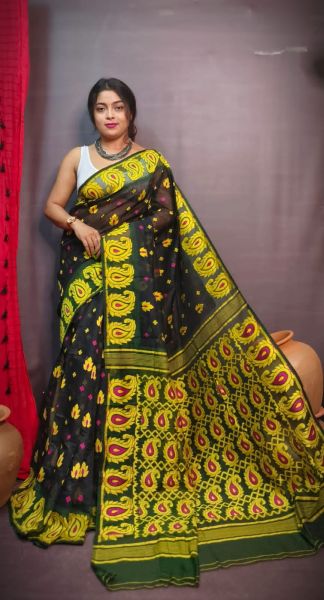 Black Leaf Design Pure Handloom Dhakai Jamdani Saree