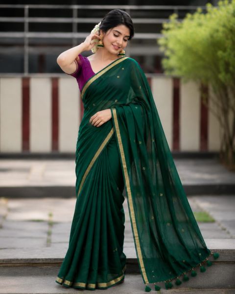 Dark Green Pure Handloom Linen By Linen Saree From Bengal