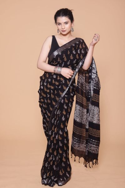 Black Hand Block Printed Linen Cotton Saree From Rajasthan