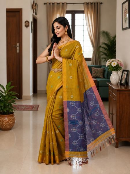 Mustard Yellow Pure Handloom Linen By Linen Saree From Bengal