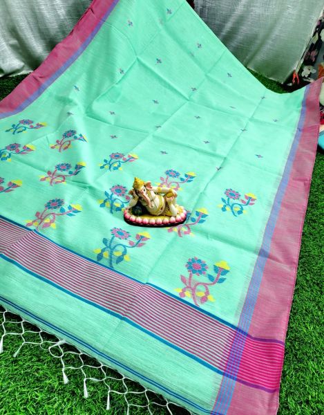 Sea Green Flower Resham Cotton Saree From Bengal