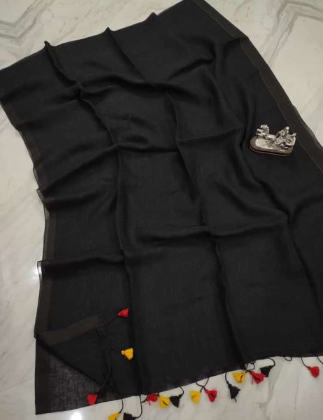Black Plain Linen By Linen Saree