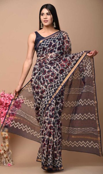 Black Kota Doria Cotton Printed Saree