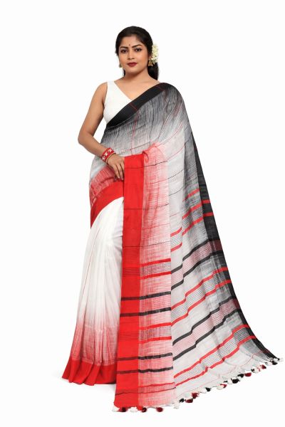 White Red Black Ikkat Cotton Saree From Bengal