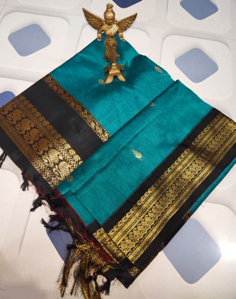 Aqua Blue Black Butta Cotton Saree From Bengal