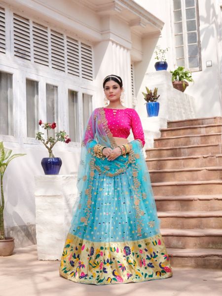 Blue Organza Fabric Designer Navy Blue Color Function Wear Weaving Work Lehenga