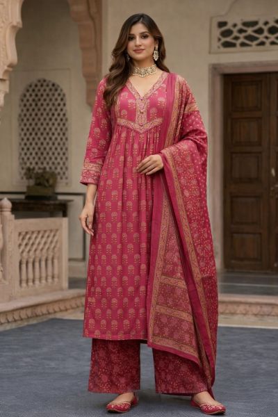 Pink Hand Printed Neckline Yoke & Sleeve Straight Fit & Side Slit Elastic Waistband