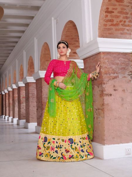 Yellow Organza Fabric Designer Navy Blue Color Function Wear Weaving Work Lehenga