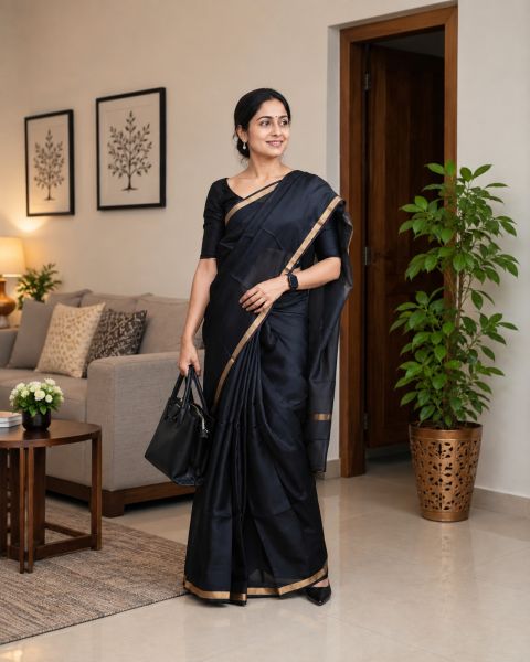Black Pure Handloom Maslin Tussar Silk Saree From Bengal