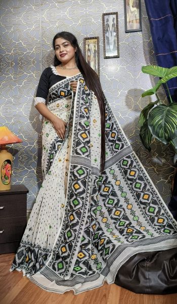 White Pure Handloom Dhakai Jamdani Cotton Saree From Bengal