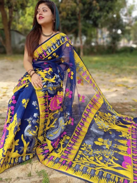 Royal Blue Yellow Tree Dhakai Jamdani Silk Cotton Saree From Bengal