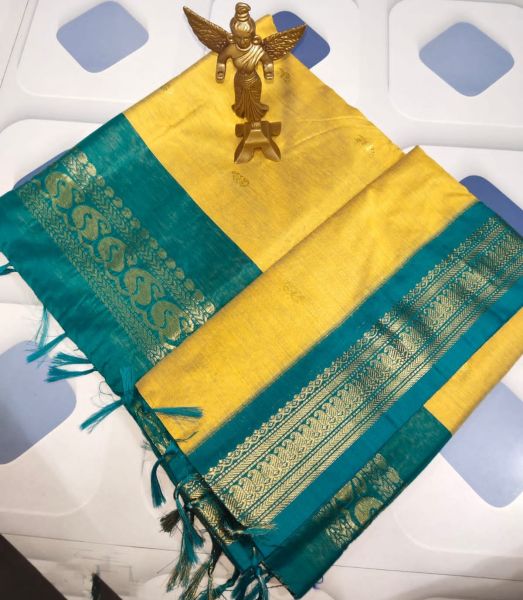 Aqua Blue Yellow Butta Cotton Saree From Bengal