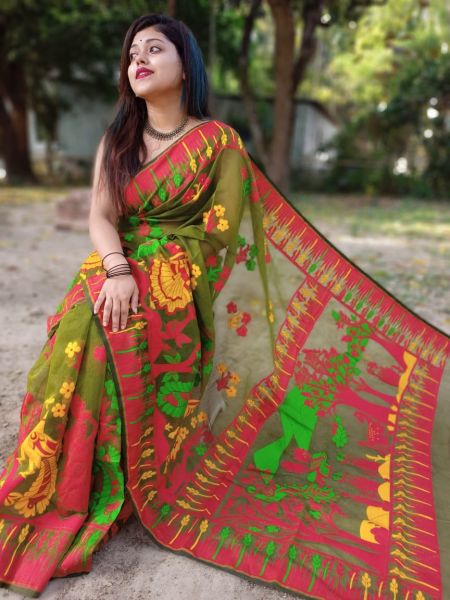 Mehndi Green Red Tree Dhakai Jamdani Silk Cotton Saree From Bengal