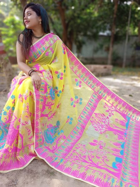 Light Yellow Light Pink Tree Dhakai Jamdani Silk Cotton Saree From Bengal