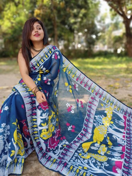 Navy Blue White Tree Dhakai Jamdani Silk Cotton Saree From Bengal